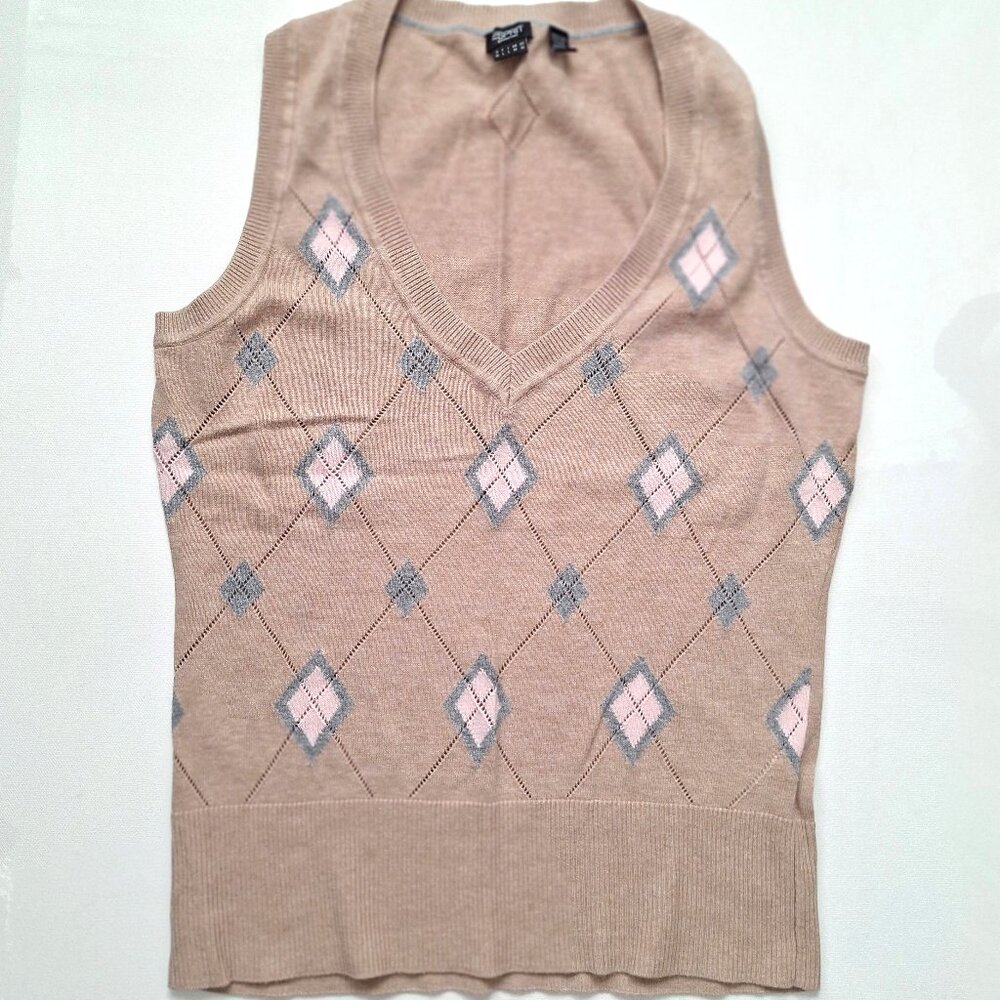 Esprit Beige Knit Argyle Cotton Sweater Vest